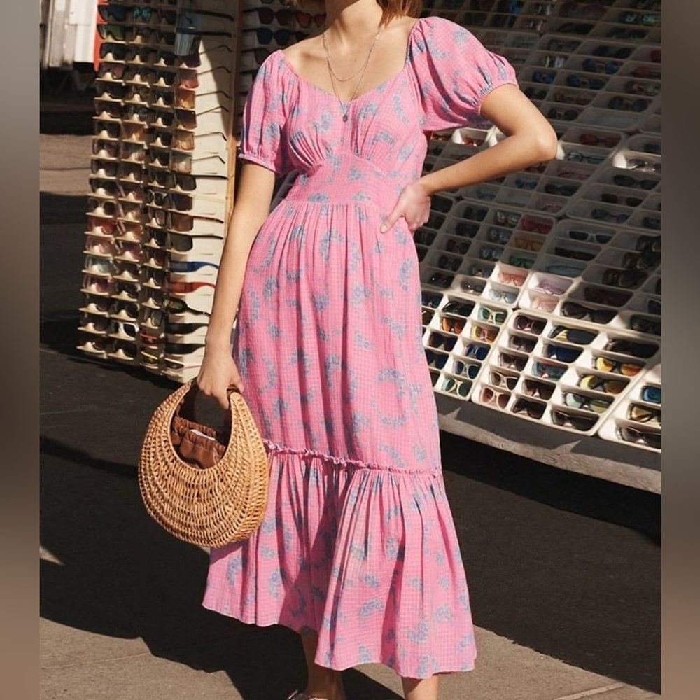LoveShackFancy Dress Angie Floral Gingham Midi Sz 2 XS